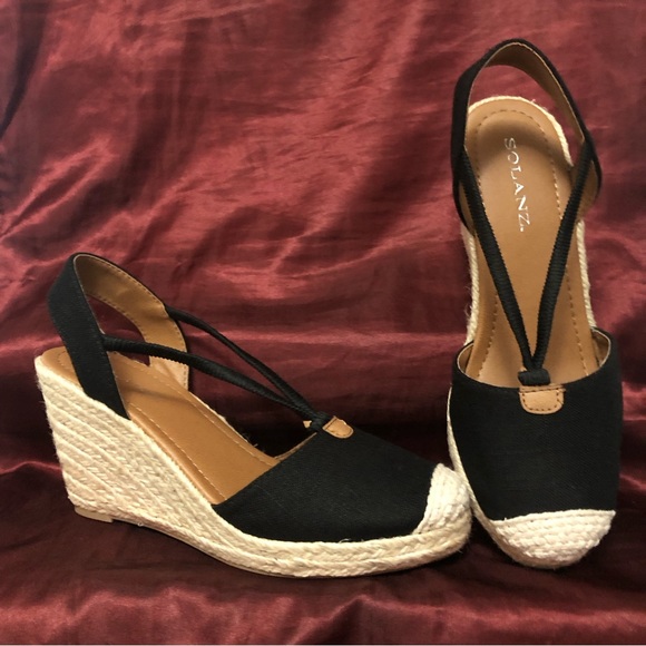 Solanz Black Wedge Heel Espadrilles Rebekah Size 7 - Picture 2 of 6